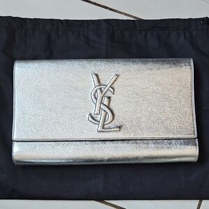 YSL Belle De Jour Metallic Silver Gold Leather Logo Clutch W/Dustbag